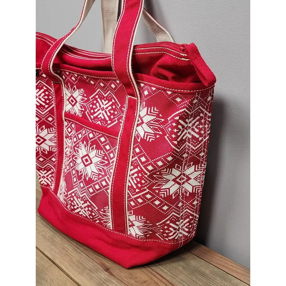 Lands End Medium Size Nordic Snowflake Red Canvas Zip Tote